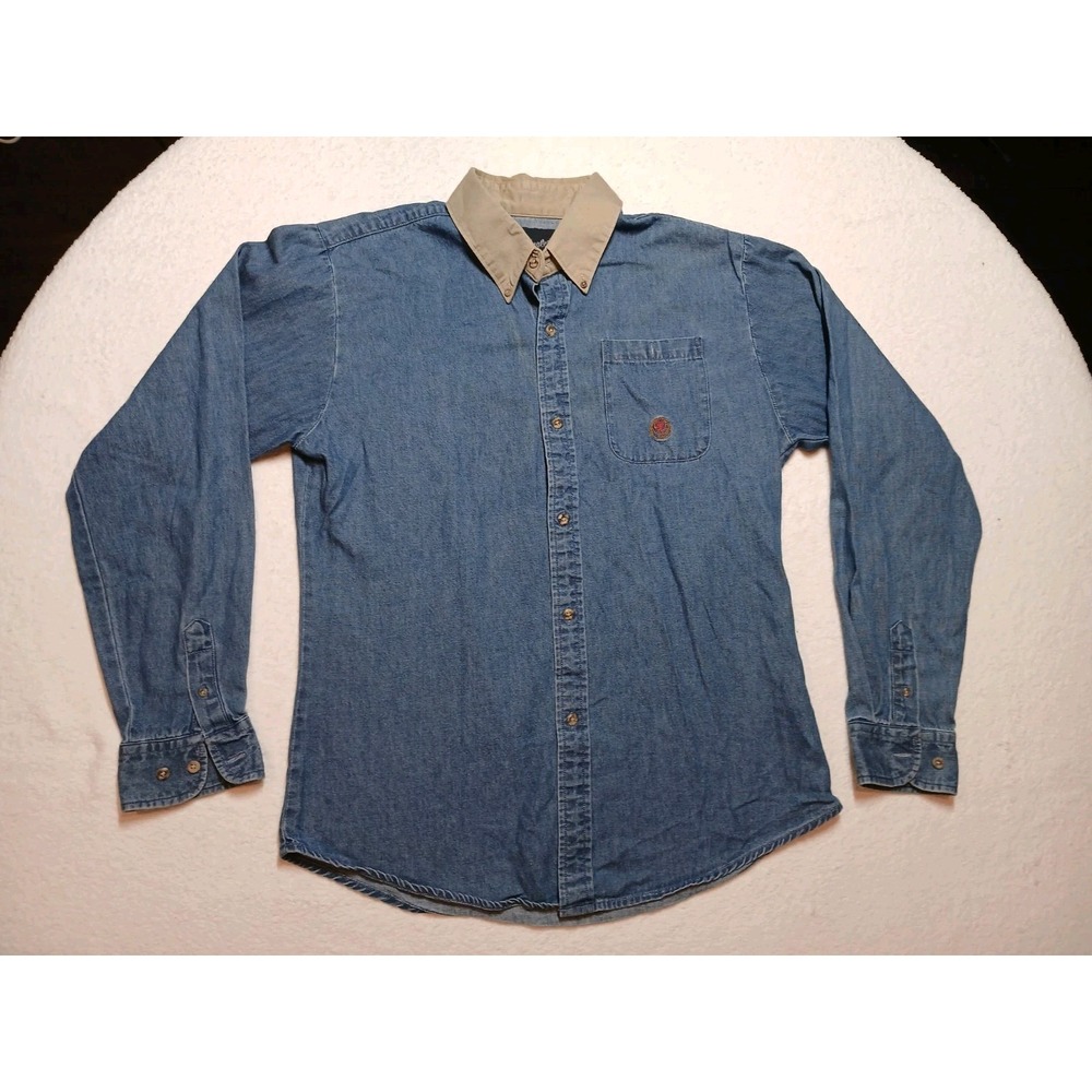 Wrangler Boys Denim Shirt XXL 18-20 Long Sleeve Khaki Contrast Collar Blue